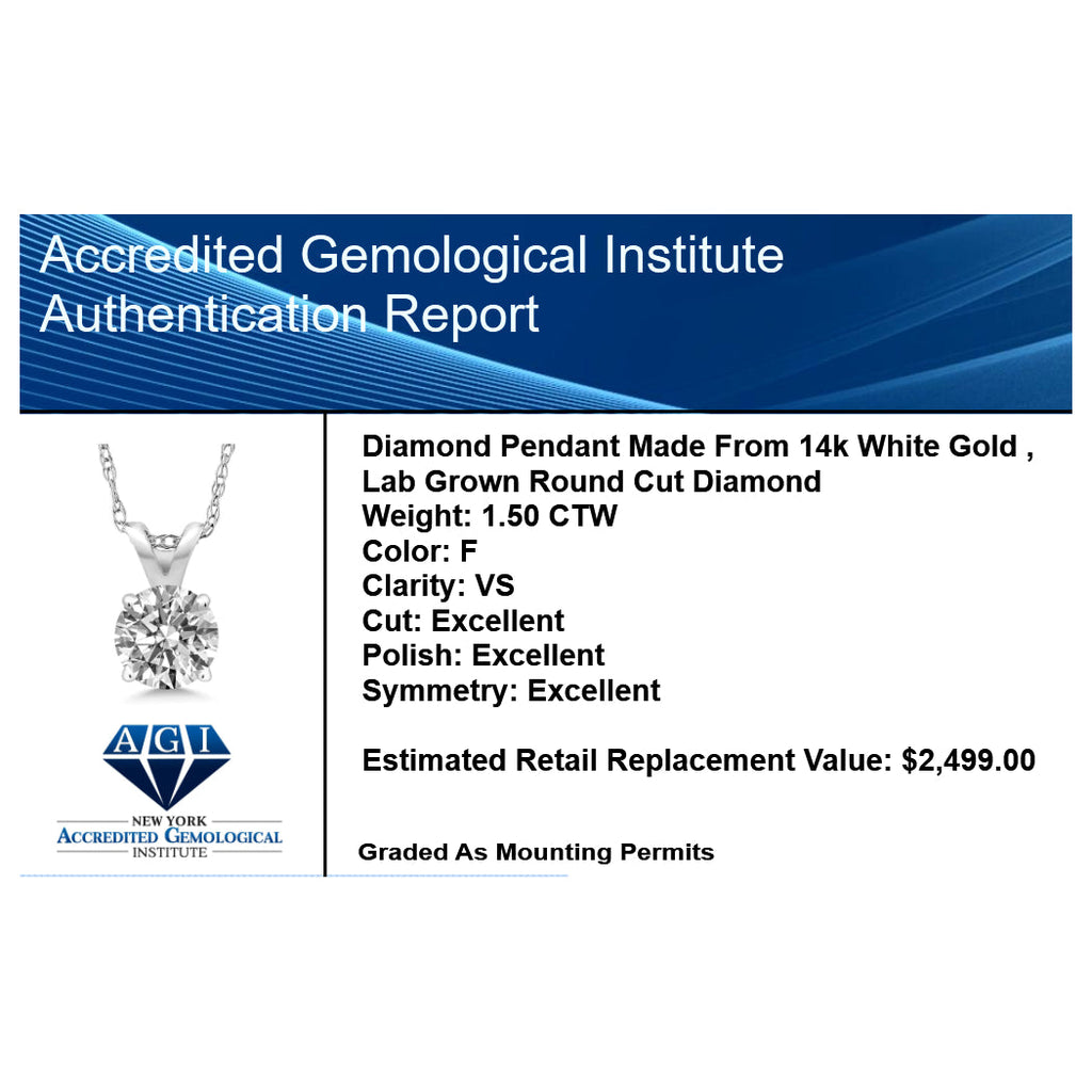 1.50 Ctw Round Lab Grown Diamond Pendant Necklace in 14K Gold – F