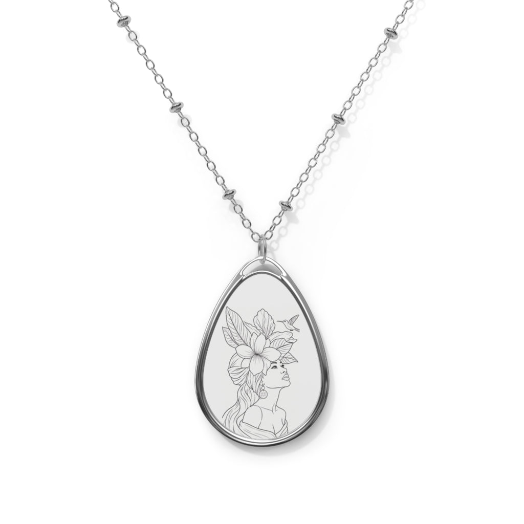 Oval Portrait Necklace — Silver Teardrop Pendant with Floral Woman Engraving
