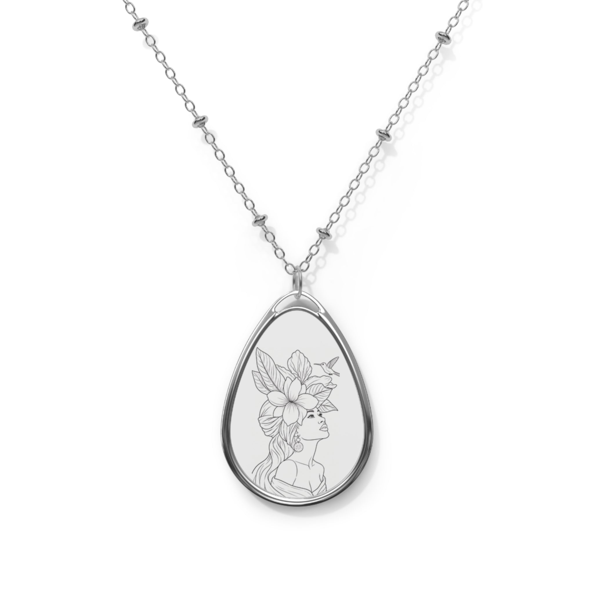 Oval Portrait Necklace — Silver Teardrop Pendant with Floral Woman Engraving