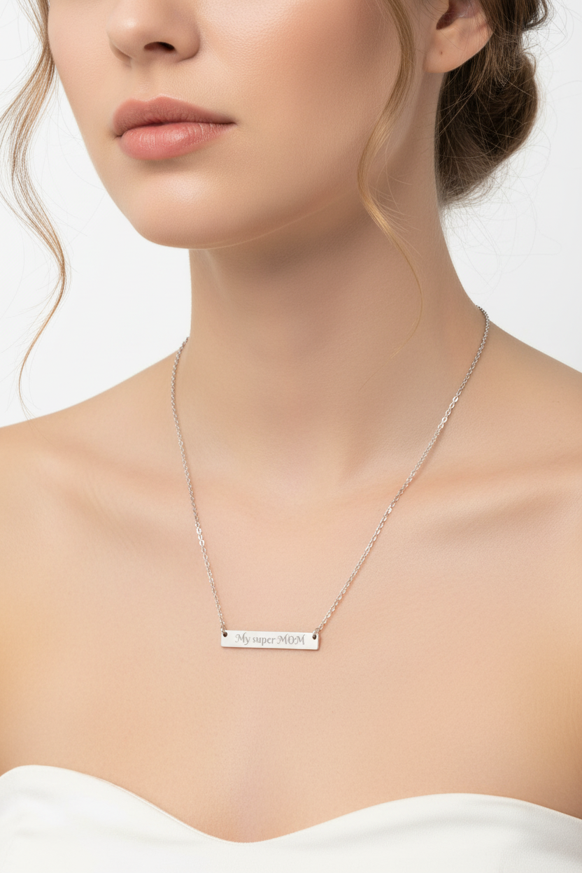 Engraved "My Super Mom" Horizontal Bar Necklace — Personalized Mother's Day Jewelry