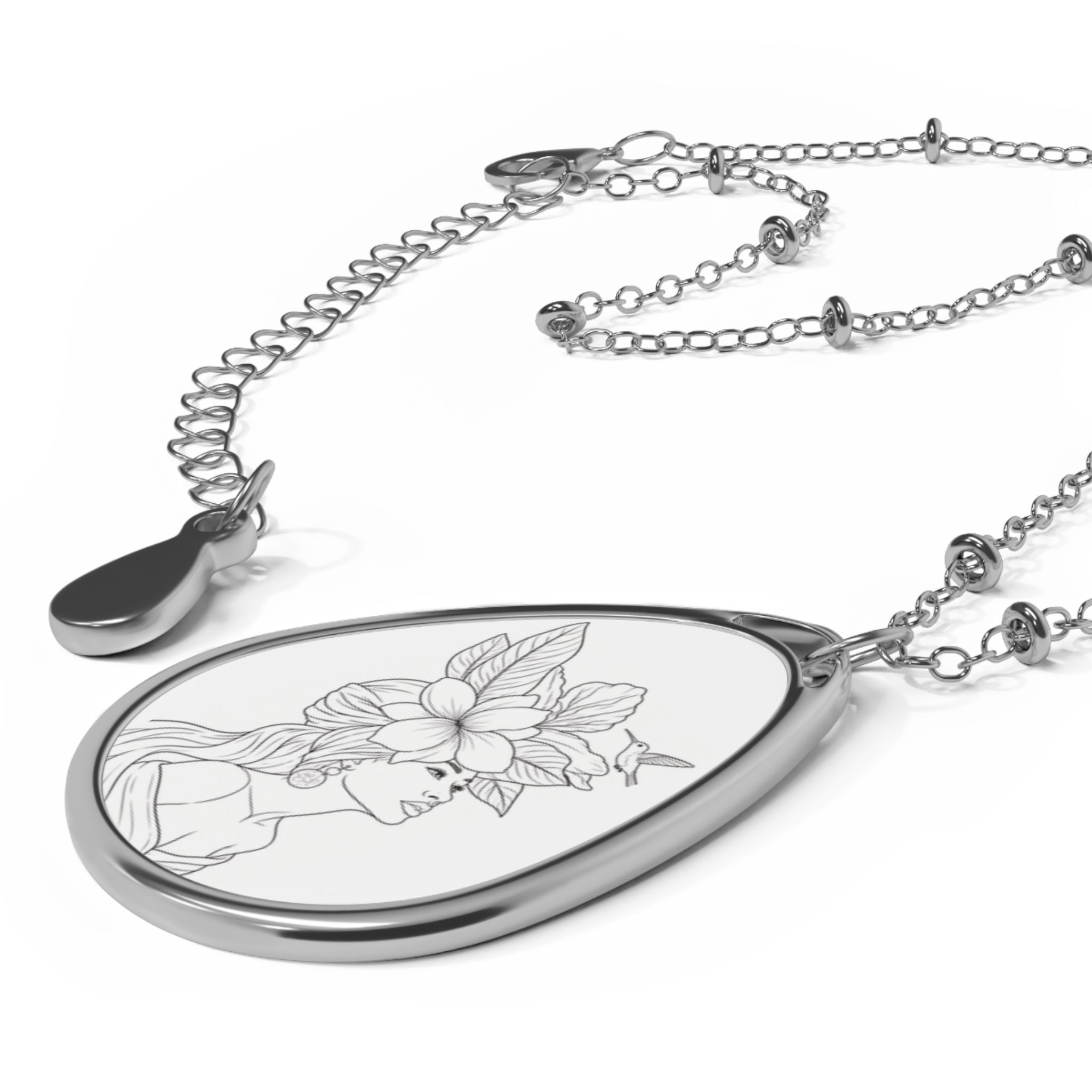 Oval Portrait Necklace — Silver Teardrop Pendant with Floral Woman Engraving