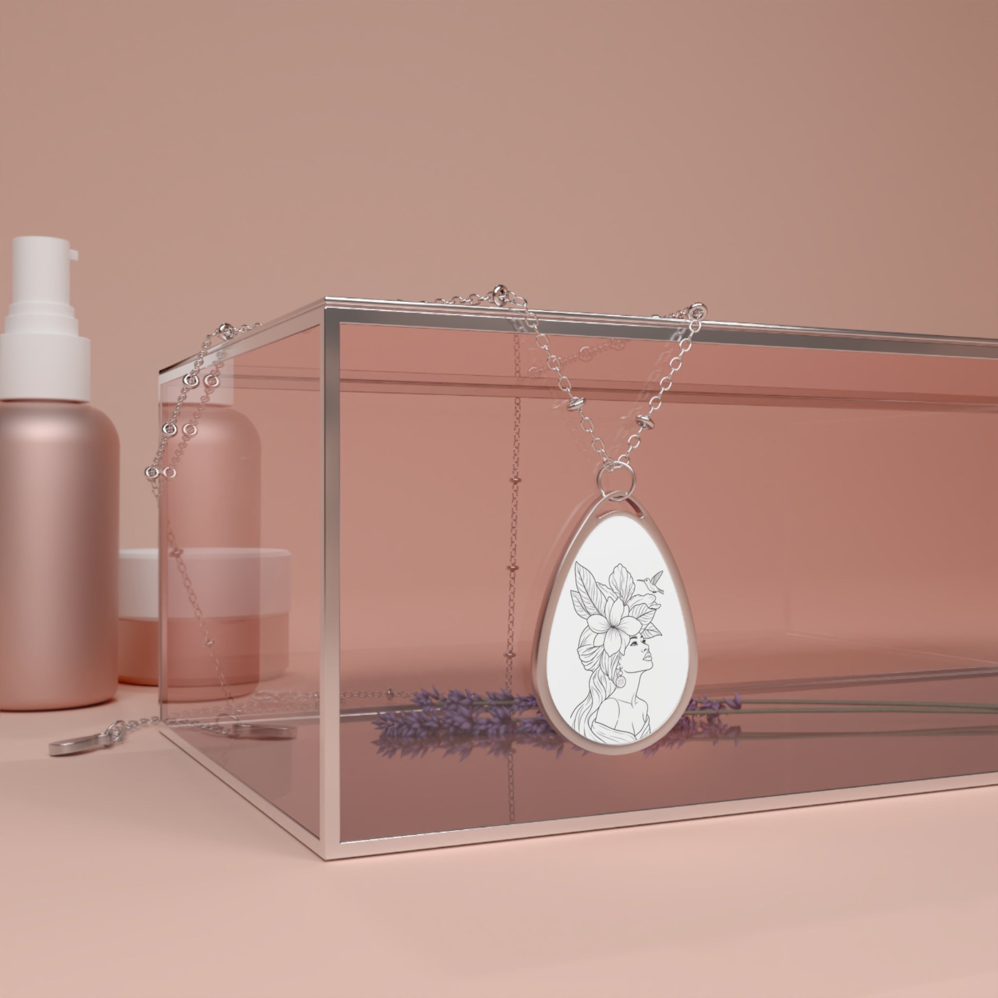 Oval Portrait Necklace — Silver Teardrop Pendant with Floral Woman Engraving