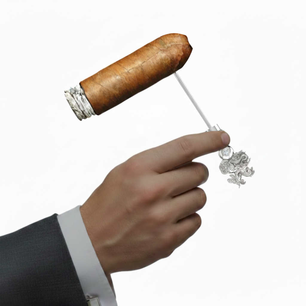 Sterling Silver Cigar Pin — Saint George & Dragon | 2 Lab Diamonds | Handcrafted 925 Silver Cigar Draw Tool & Nubber | BY GALYA