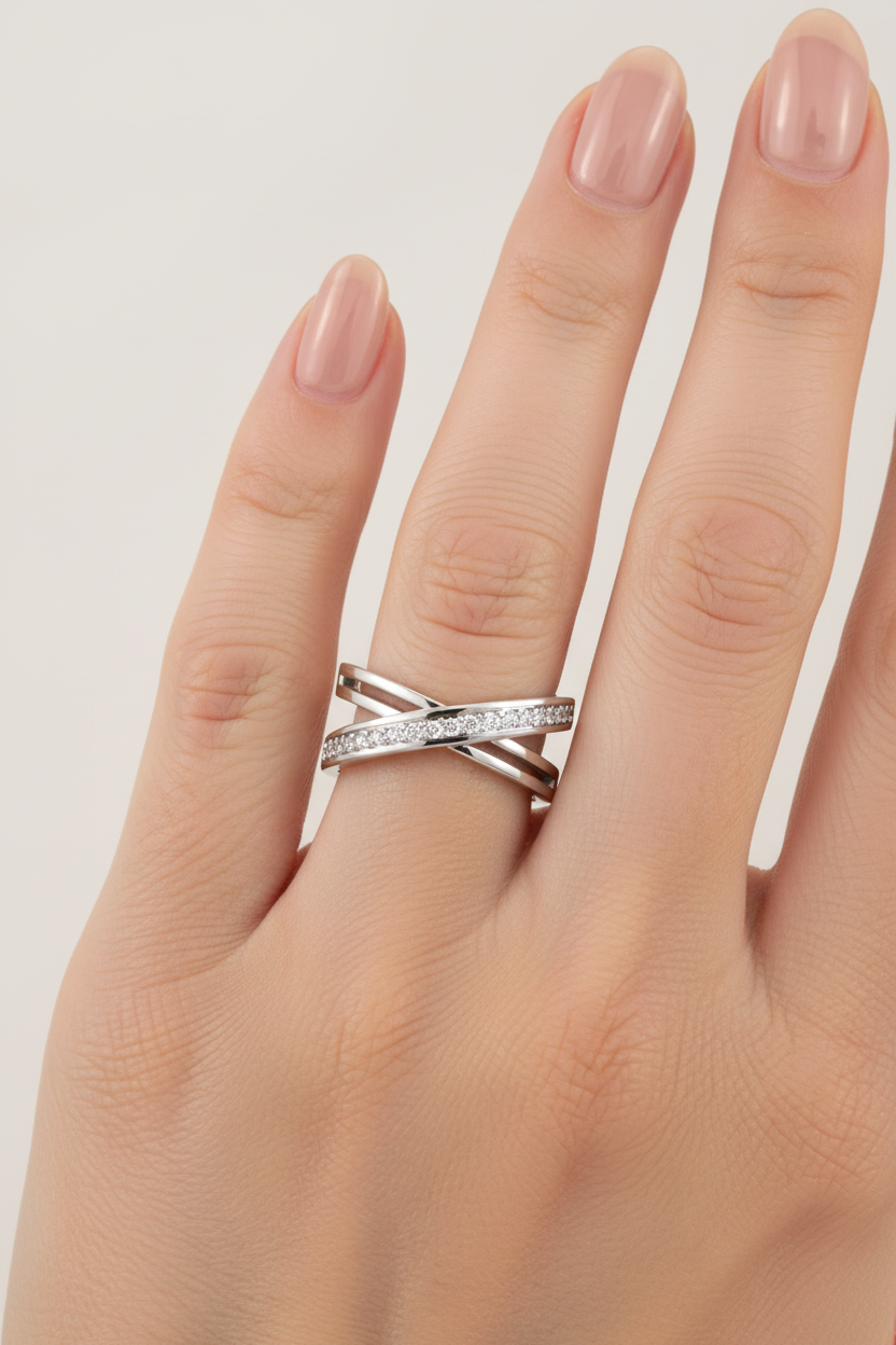 Silver Crossover Ring with Pavé Cubic Zirconia | BY GALYA