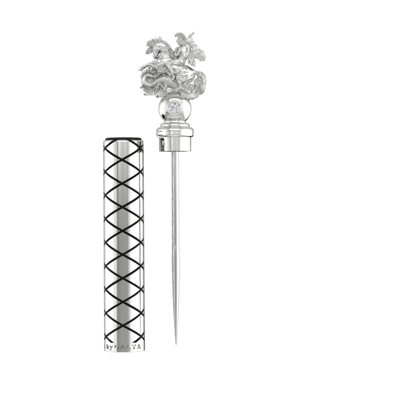 Sterling Silver Cigar Pin — Saint George & Dragon | 2 Lab Diamonds | Handcrafted 925 Silver Cigar Draw Tool & Nubber | BY GALYA