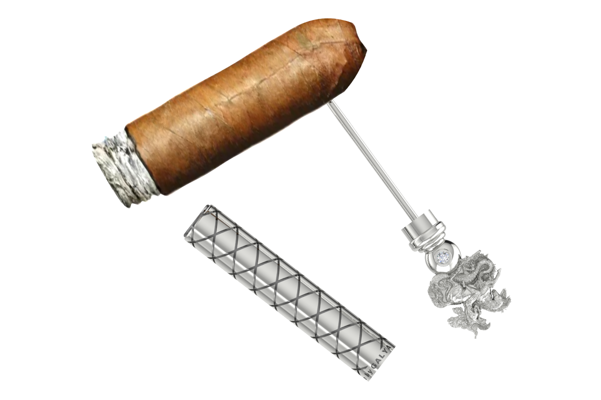 Sterling Silver Cigar Pin — Saint George & Dragon | 2 Lab Diamonds | Handcrafted 925 Silver Cigar Draw Tool & Nubber | BY GALYA