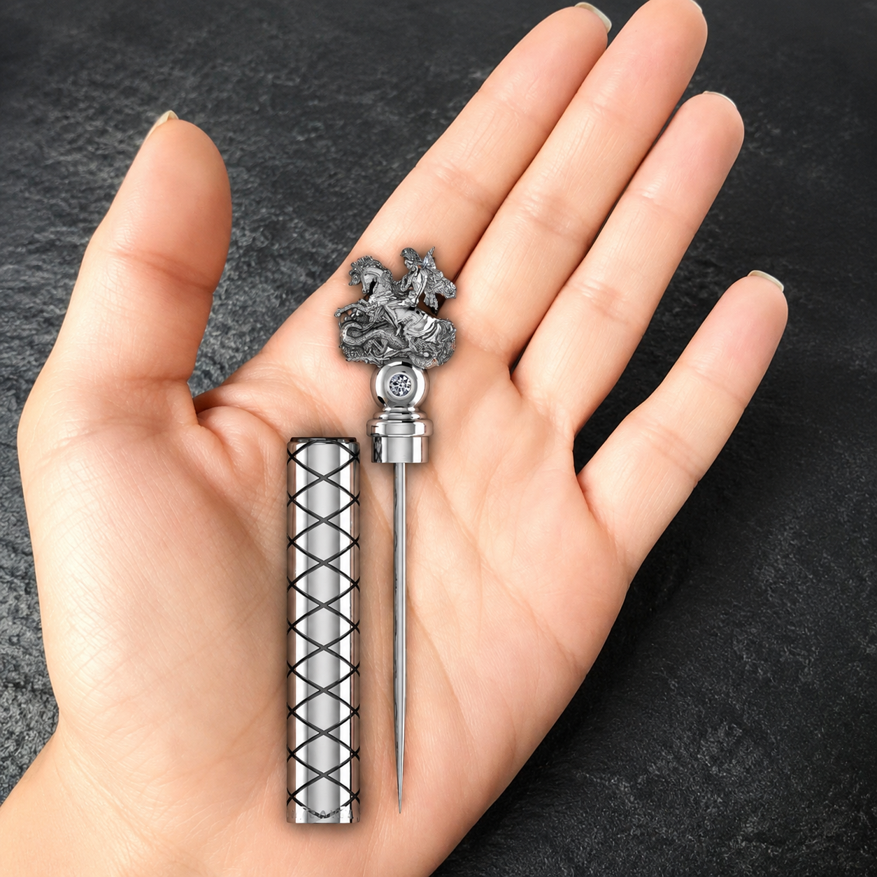 Sterling Silver Cigar Pin — Saint George & Dragon | 2 Lab Diamonds | Handcrafted 925 Silver Cigar Draw Tool & Nubber | BY GALYA